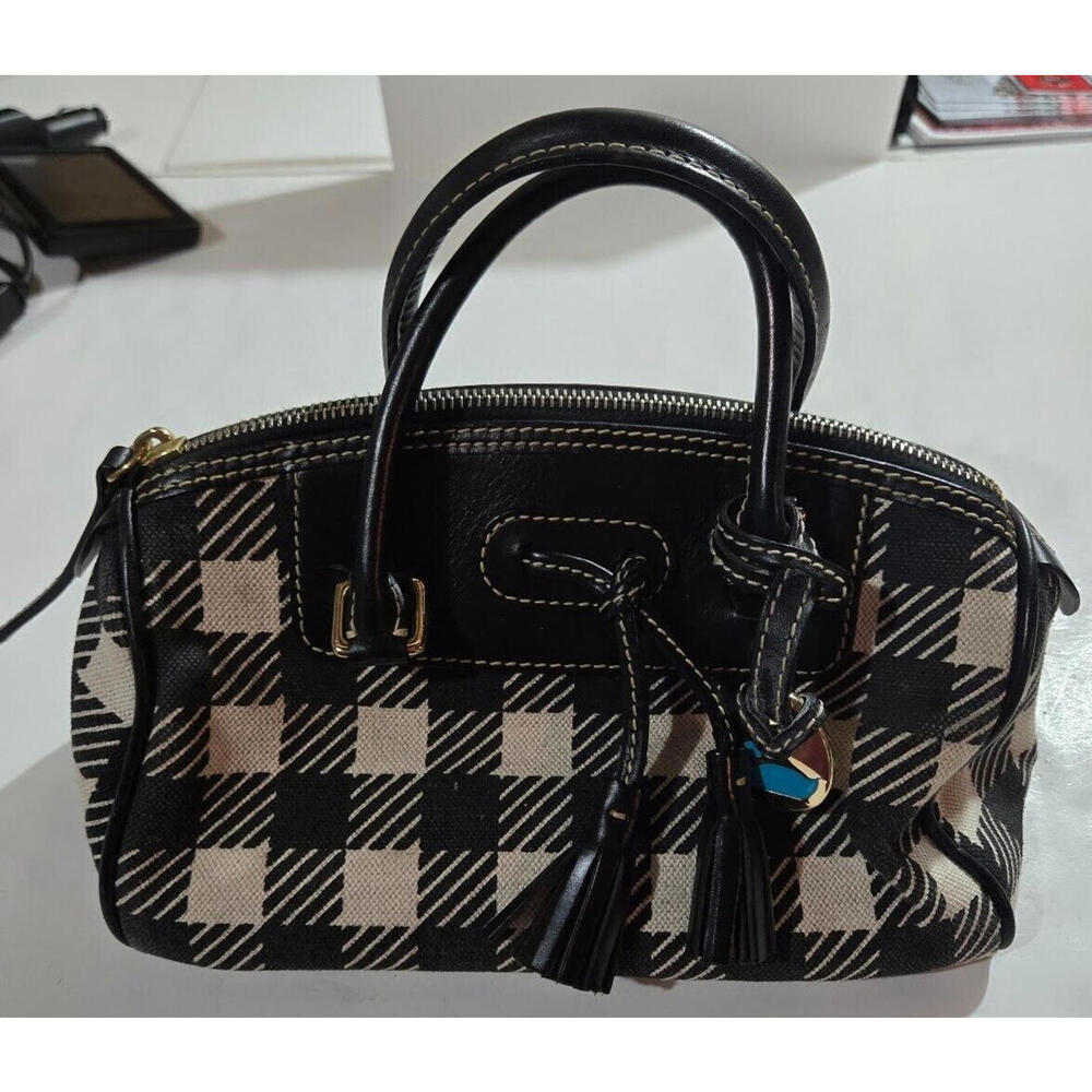 Dooney & Bourke Purse Handbag Black & White Checkered Vintage Duck Charm Tassels